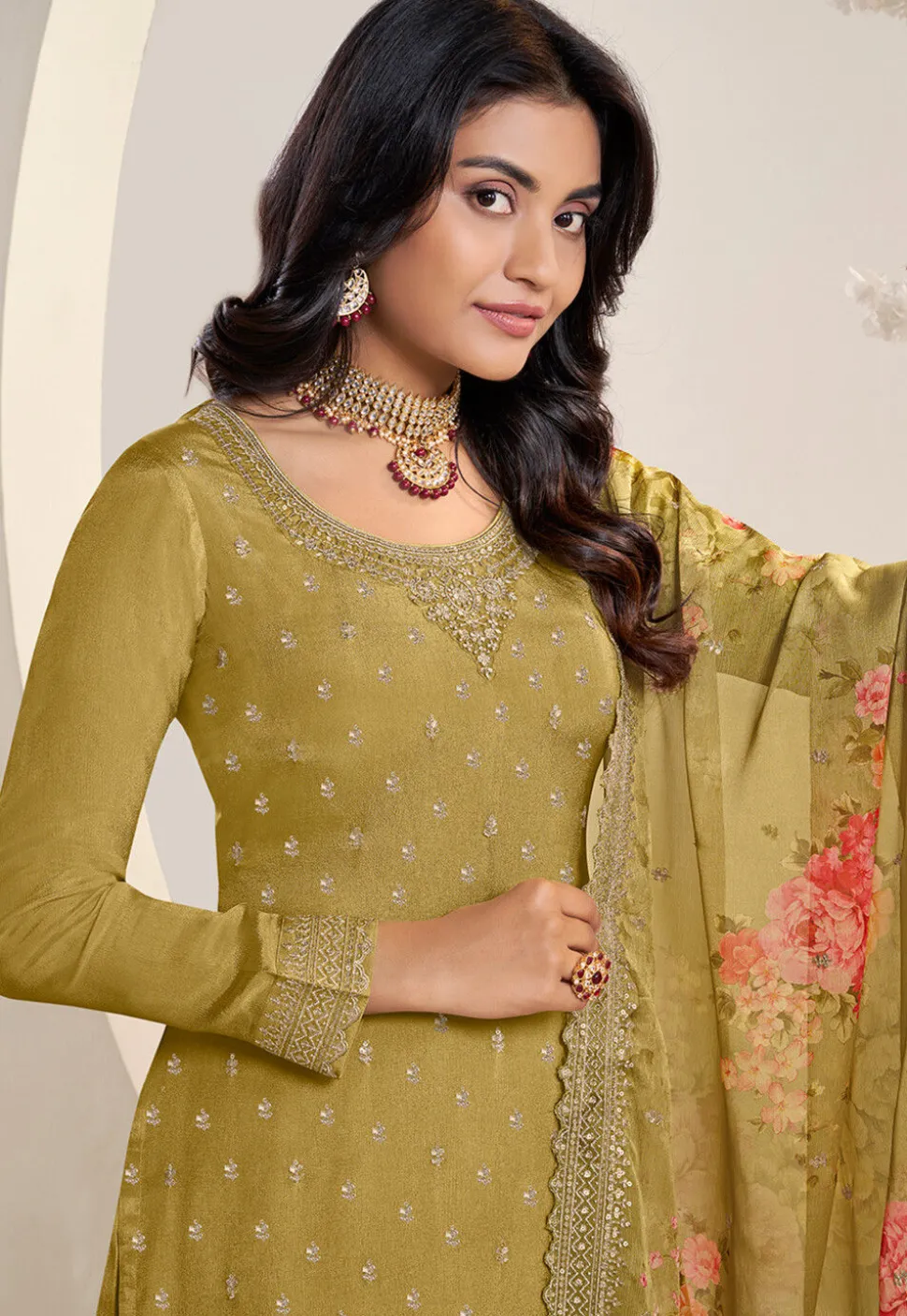 Embroidered Chinon Chiffon Pakistani Suit in Mustard