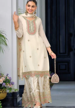 Embroidered Chinon Chiffon Pakistani Suit in Off White