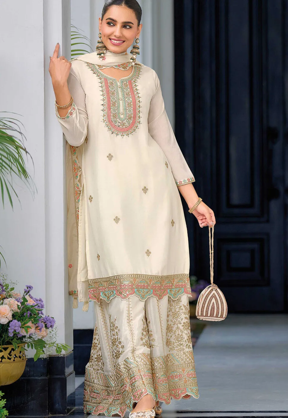 Embroidered Chinon Chiffon Pakistani Suit in Off White