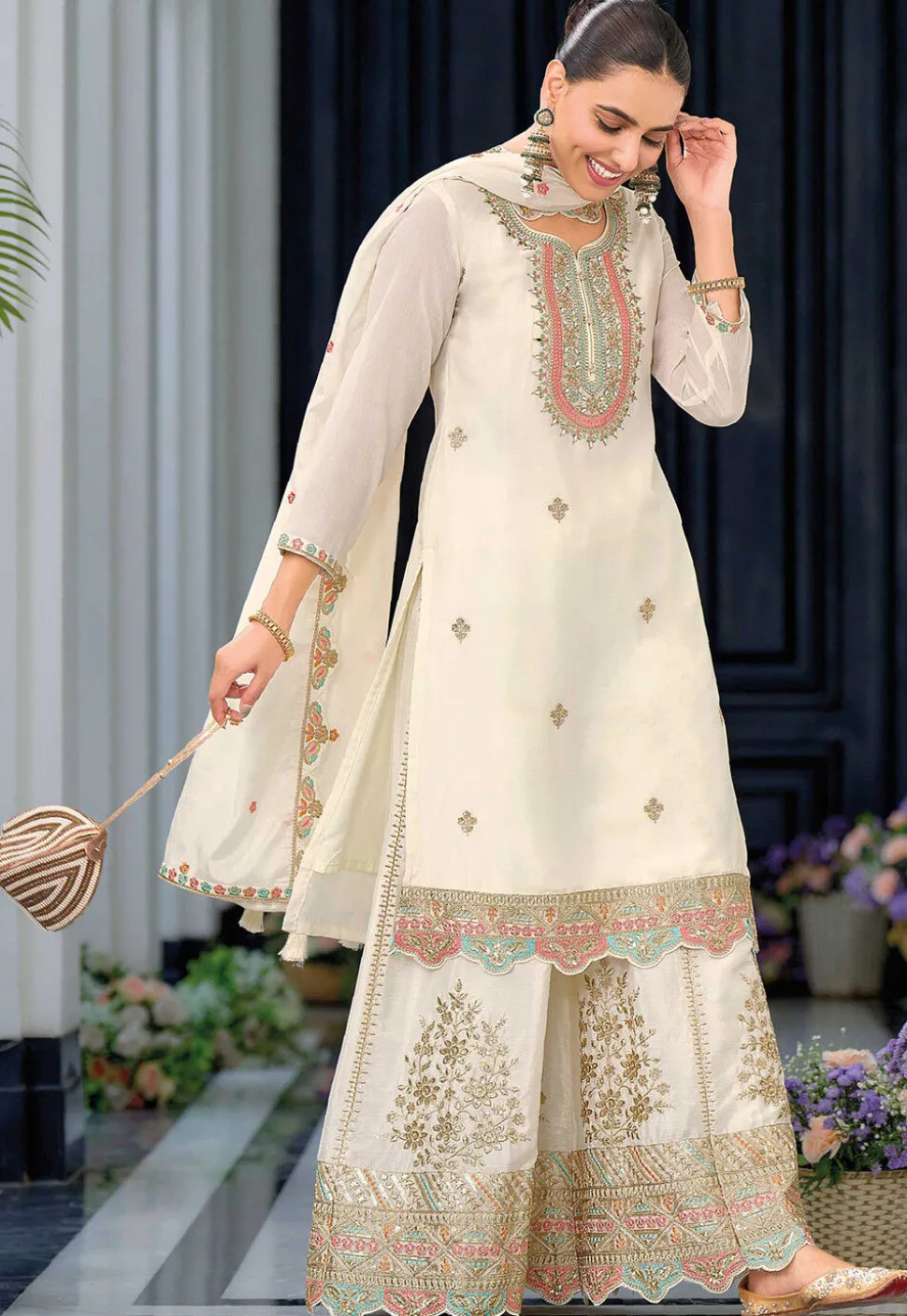 Embroidered Chinon Chiffon Pakistani Suit in Off White