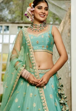 Embroidered Chinon Chiffon Lehenga in Sea Green