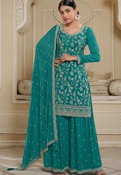 Embroidered Chinon Chiffon Pakistani Suit in Teal Green