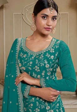 Embroidered Chinon Chiffon Pakistani Suit in Teal Green