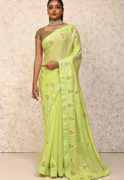 Embroidered Chinon Chiffon Saree in Neon Green