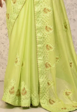 Embroidered Chinon Chiffon Saree in Neon Green