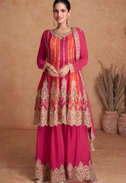 Embroidered Chinon Chiffon Pakistani Suit in Orange and Pink
