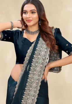 Embroidered Chinon Crepe Scalloped Saree in Teal Green