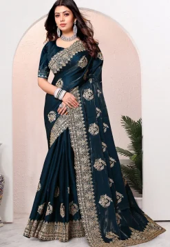 Embroidered Chinon Crepe Scalloped Saree in Dark Teal Blue