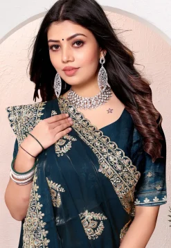 Embroidered Chinon Crepe Scalloped Saree in Dark Teal Blue