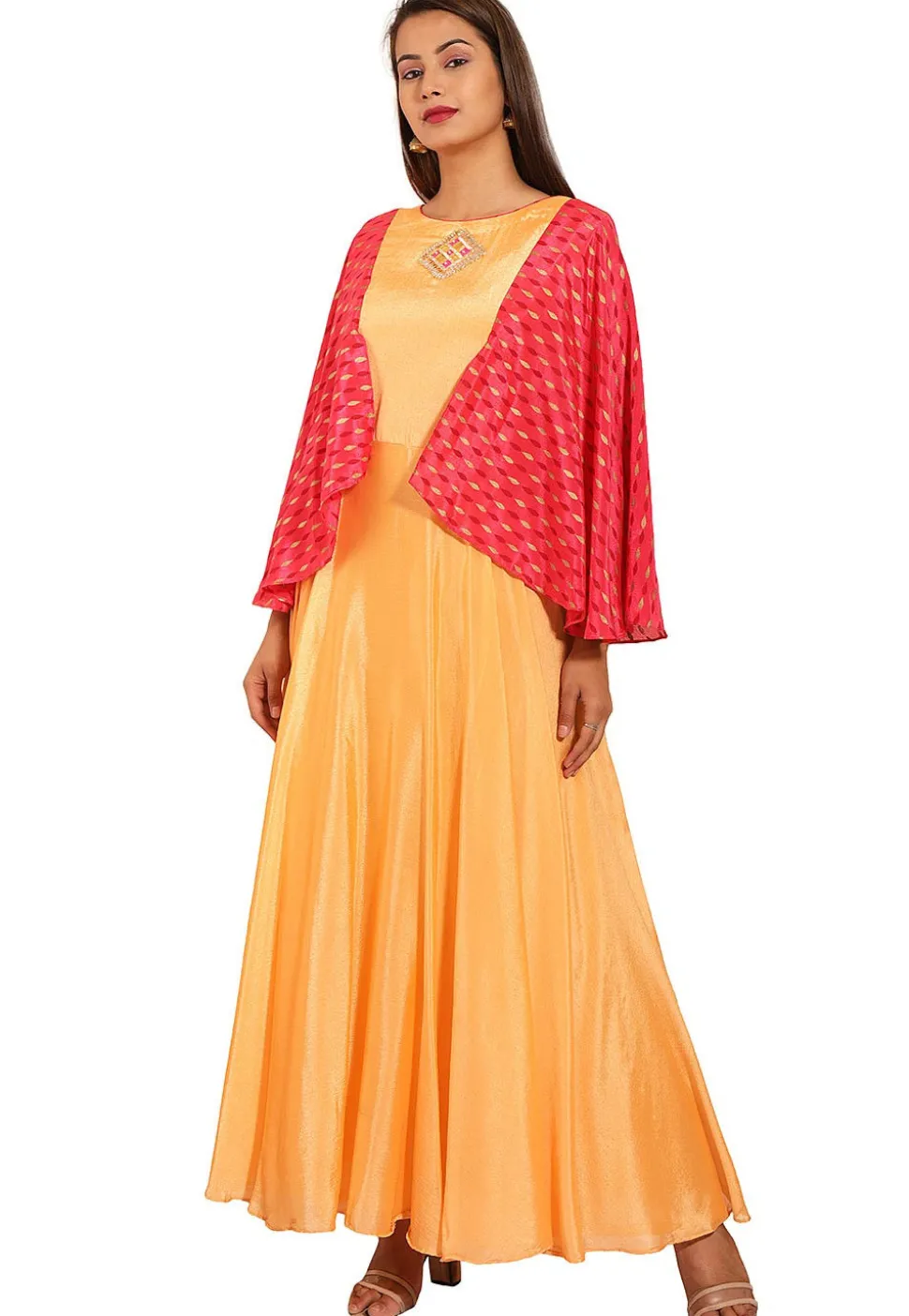 Embroidered Chinon Crepe Gown in Peach