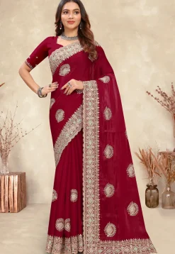 Embroidered Chinon Crepe Scalloped Saree in Maroon