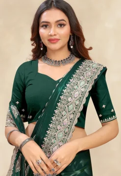 Embroidered Chinon Crepe Scalloped Saree in Dark Green