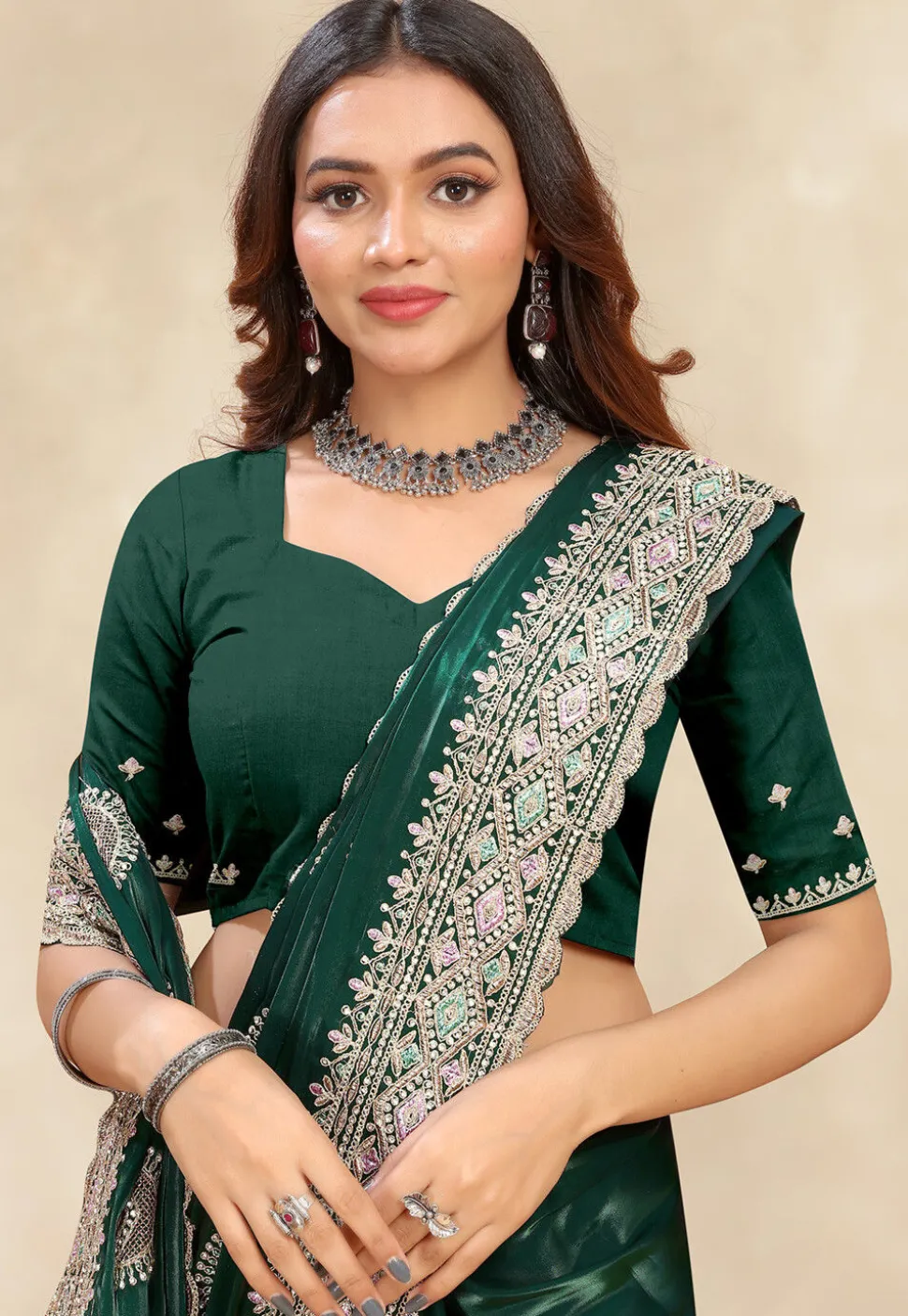 Embroidered Chinon Crepe Scalloped Saree in Dark Green