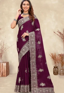 Embroidered Chinon Crepe Scalloped Saree in Wine