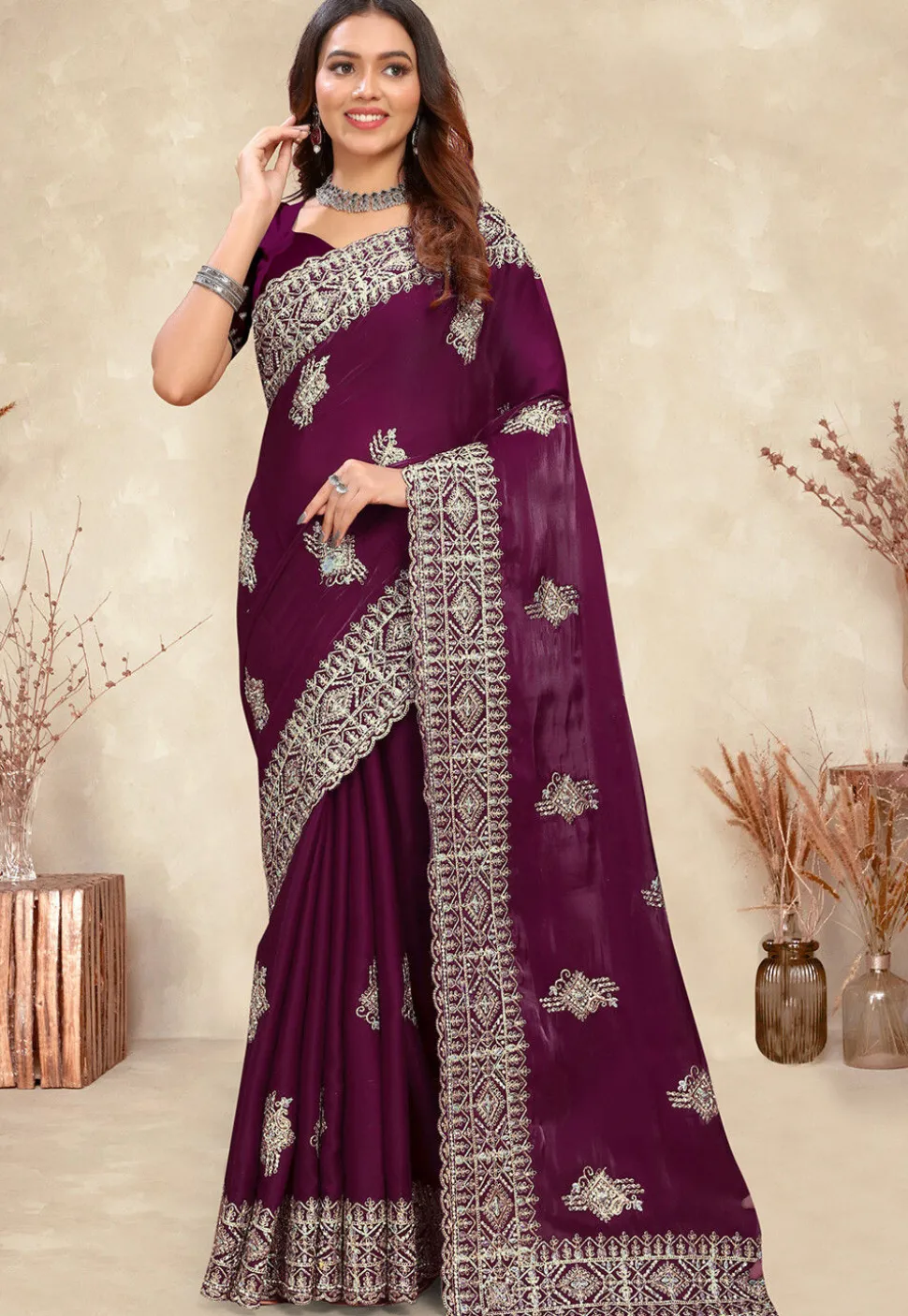 Embroidered Chinon Crepe Scalloped Saree in Wine