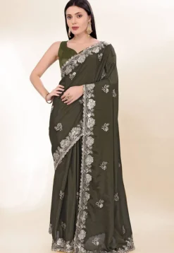 Embroidered Chinon Crepe Scalloped Saree in Olive Green