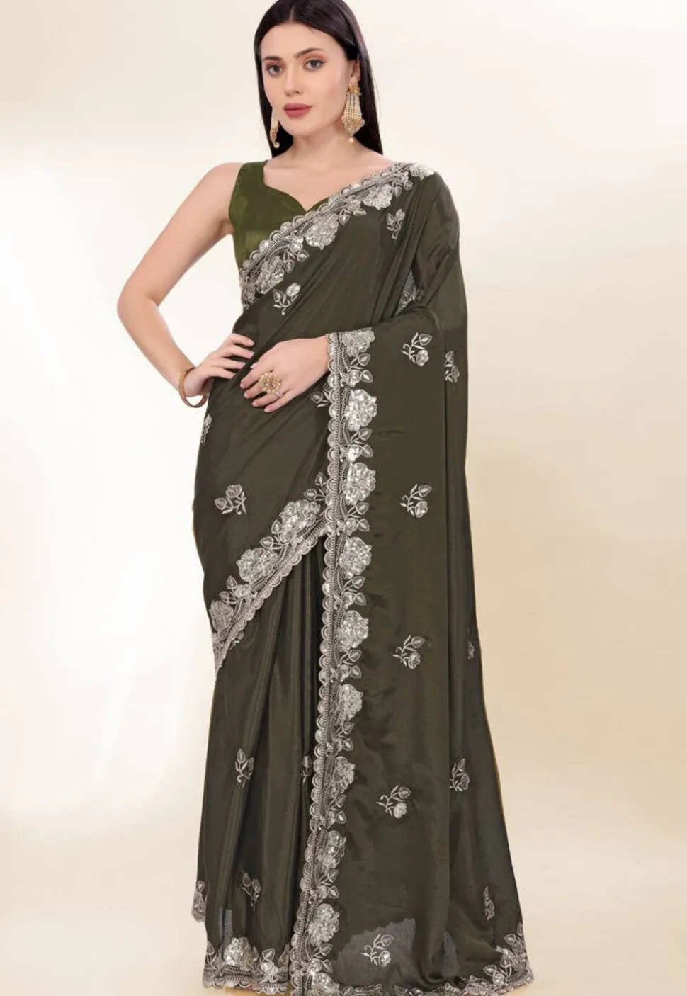 Embroidered Chinon Crepe Scalloped Saree in Olive Green