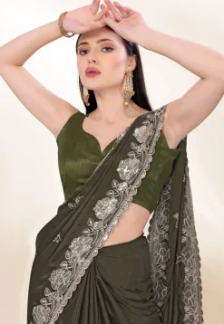 Embroidered Chinon Crepe Scalloped Saree in Olive Green