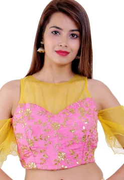 Embroidered Chinon Crepe Padded Blouse in Pink and Yellow