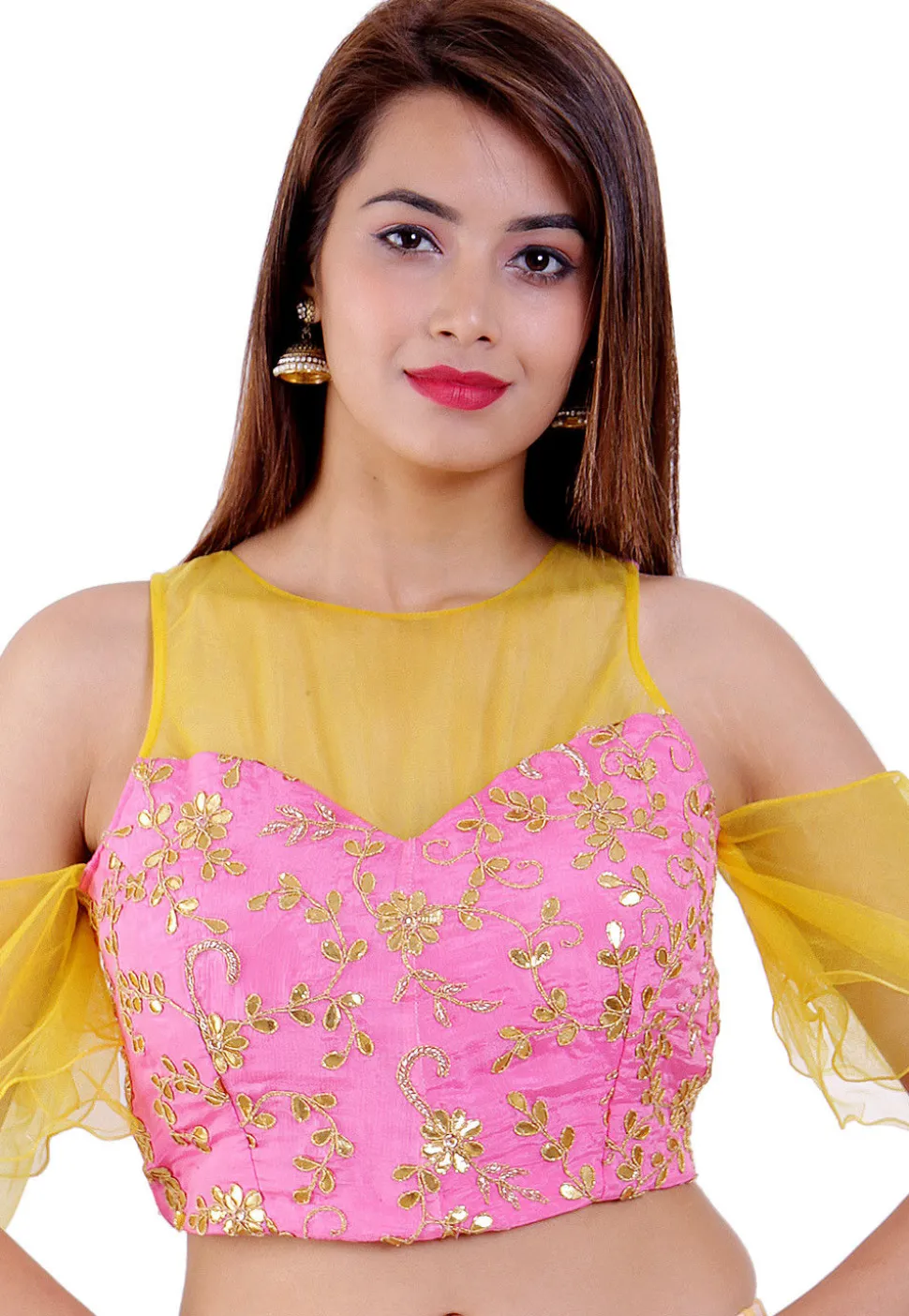 Embroidered Chinon Crepe Padded Blouse in Pink and Yellow