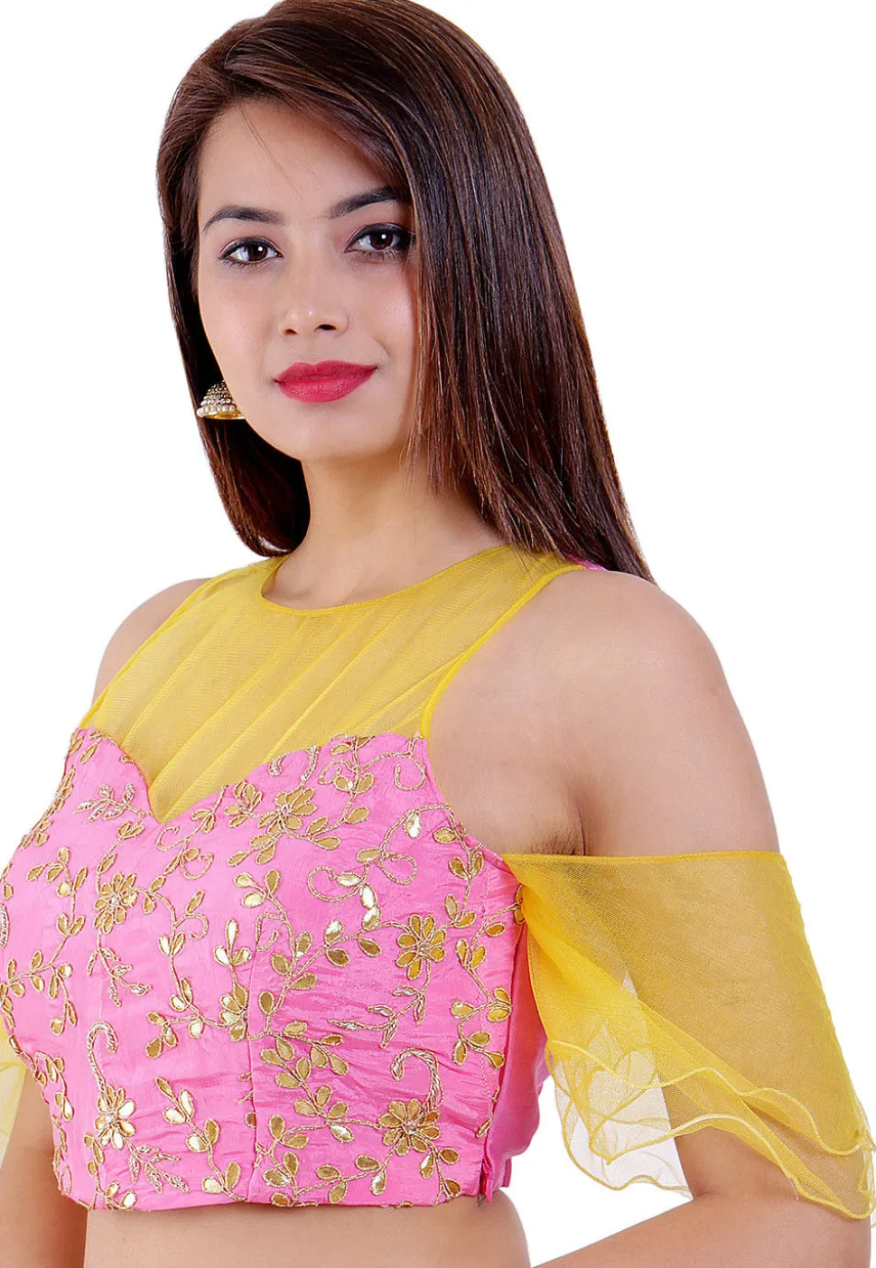 Embroidered Chinon Crepe Padded Blouse in Pink and Yellow