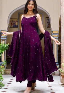 Embroidered Chinon Crepe Anarkali Suit in Purple