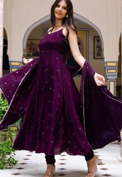 Embroidered Chinon Crepe Anarkali Suit in Purple