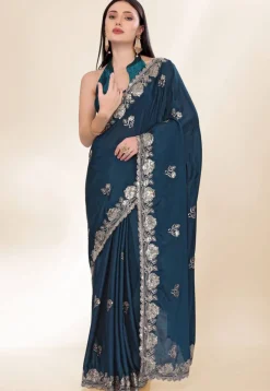 Embroidered Chinon Crepe Scalloped Saree in Teal Blue