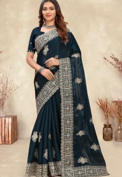 Embroidered Chinon Crepe Scalloped Saree in Teal Green