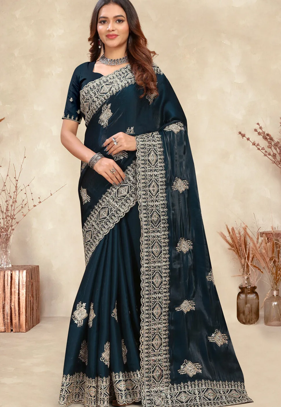 Embroidered Chinon Crepe Scalloped Saree in Teal Green