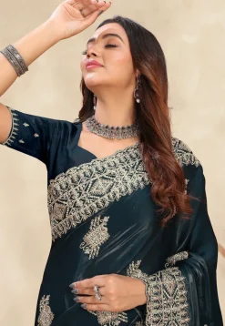 Embroidered Chinon Crepe Scalloped Saree in Teal Green