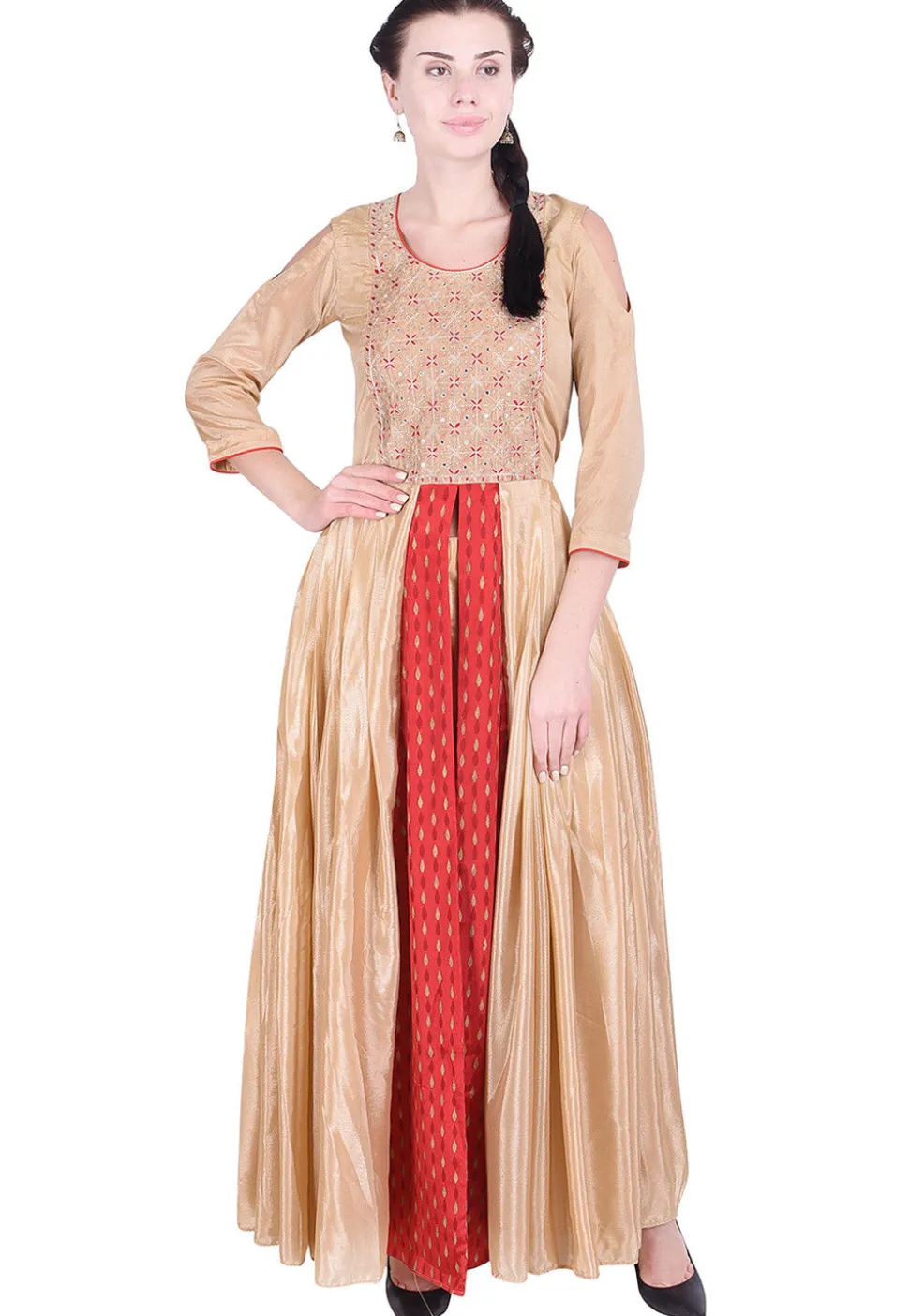 Embroidered Chinon Crepe Front Slitted Long Kurta in Beige