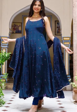 Embroidered Chinon Crepe Anarkali Suit in Royal Blue