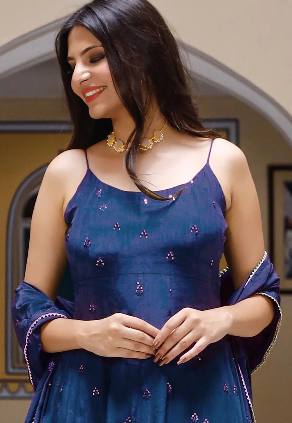 Embroidered Chinon Crepe Anarkali Suit in Royal Blue