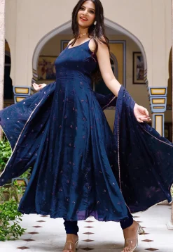 Embroidered Chinon Crepe Anarkali Suit in Royal Blue