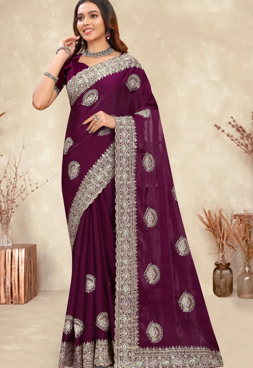 Embroidered Chinon Crepe Scalloped Saree in Wine