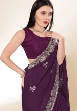 Embroidered Chinon Crepe Scalloped Saree in Wine