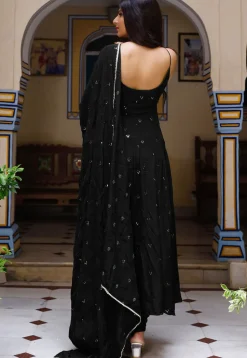 Embroidered Chinon Crepe Anarkali Suit in Black
