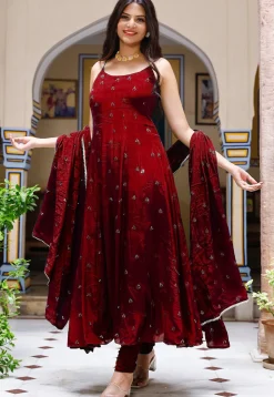 Embroidered Chinon Crepe Anarkali Suit in Maroon
