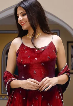 Embroidered Chinon Crepe Anarkali Suit in Maroon