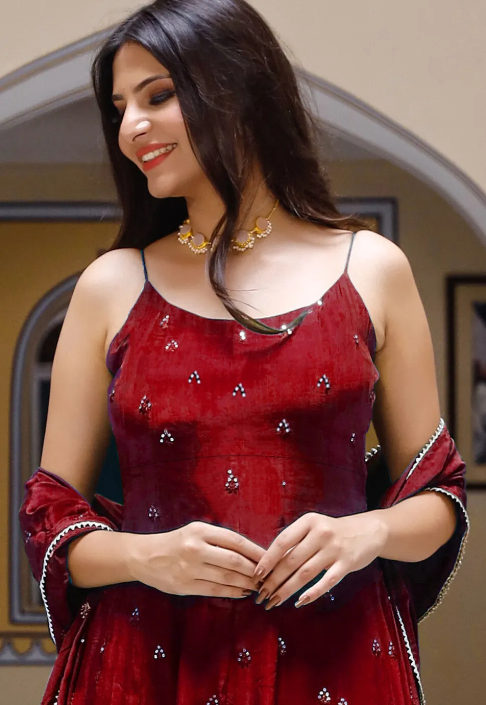 Embroidered Chinon Crepe Anarkali Suit in Maroon