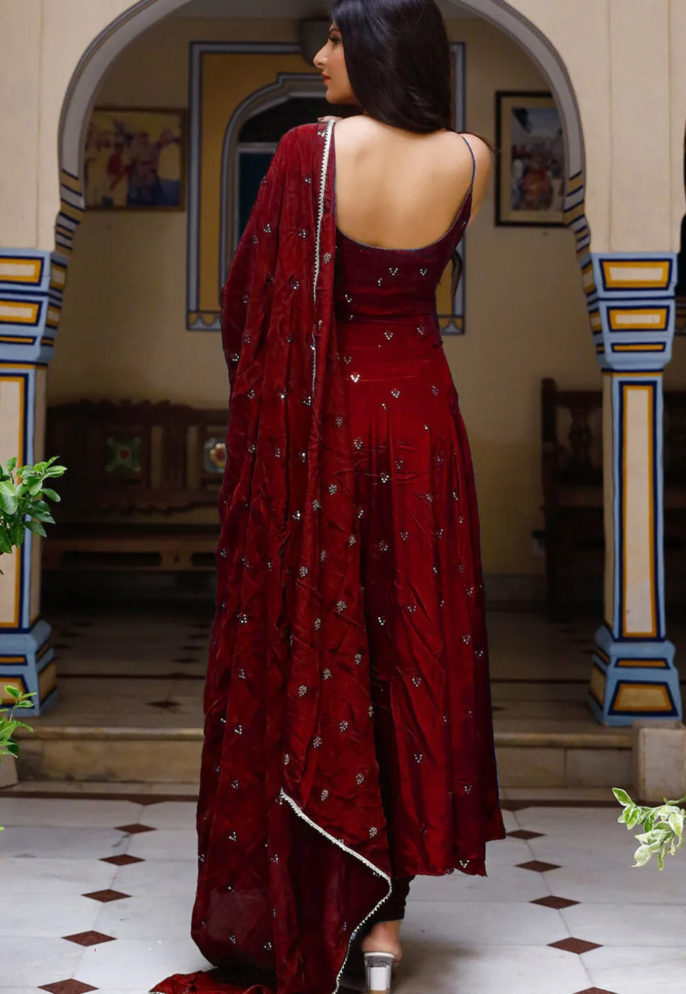 Embroidered Chinon Crepe Anarkali Suit in Maroon