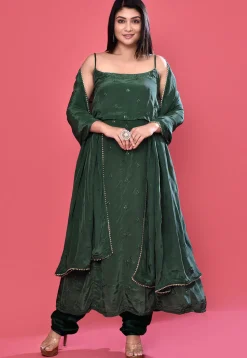 Embroidered Chinon Crepe Anarkali Suit in Dark Green