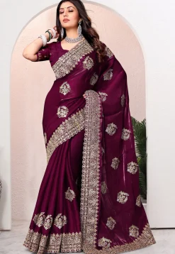 Embroidered Chinon Crepe Scalloped Saree in Wine