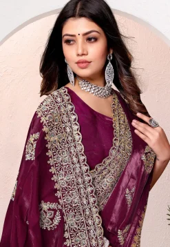 Embroidered Chinon Crepe Scalloped Saree in Wine