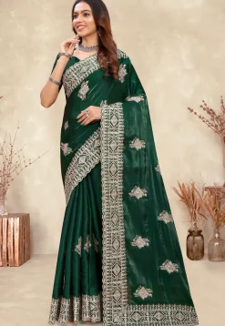 Embroidered Chinon Crepe Scalloped Saree in Dark Green