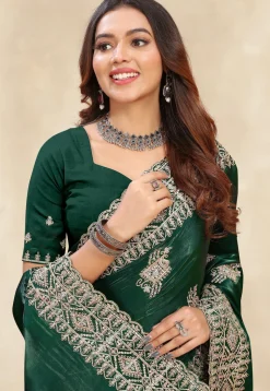 Embroidered Chinon Crepe Scalloped Saree in Dark Green
