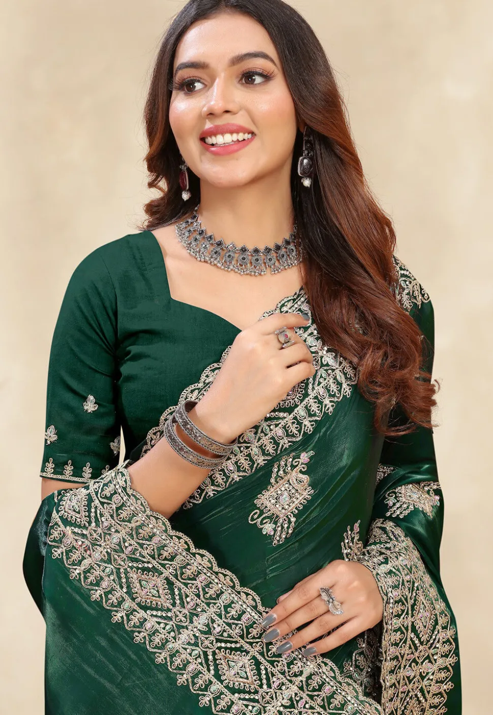 Embroidered Chinon Crepe Scalloped Saree in Dark Green