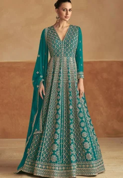 Embroidered Chinon Silk Abaya Style Suit in Teal Green