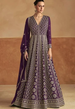 Embroidered Chinon Silk Abaya Style Suit in Purple